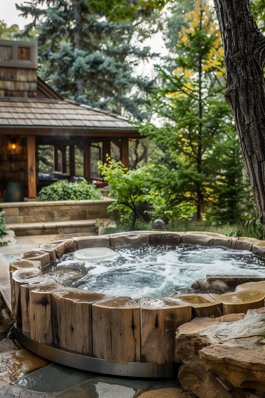Wooden hot tub bubbling outdoors with lush greenery and part of a wooden cabin in the background.