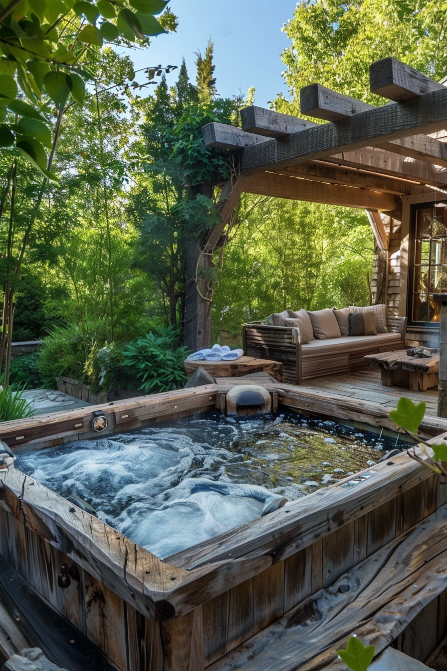 A rustic outdoor hot tub surrounded by lush greenery with a cozy wooden seating area under a pergola.