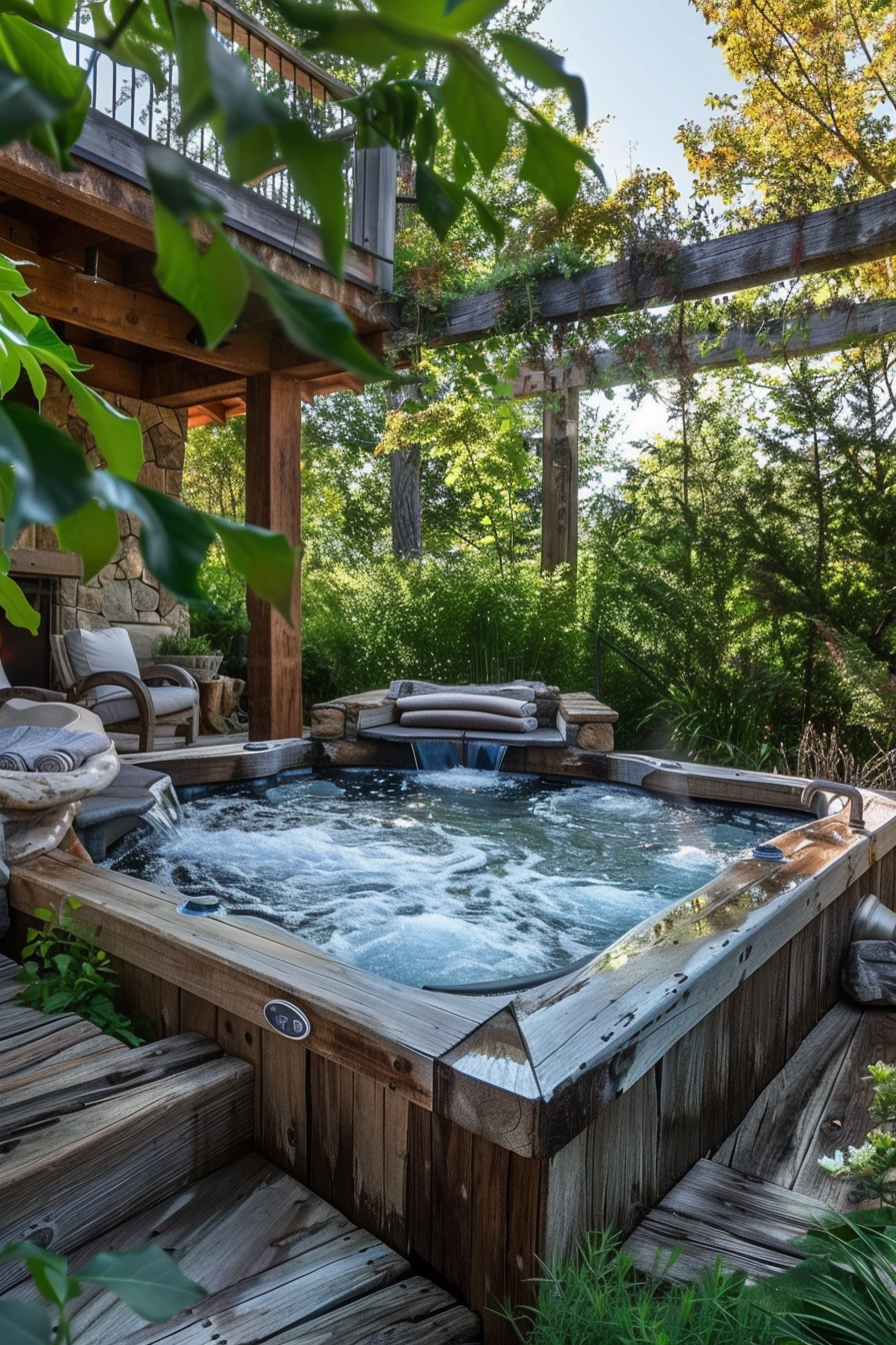 A serene outdoor hot tub surrounded by lush greenery with adjacent wooden deck and comfortable seating under a balcony.