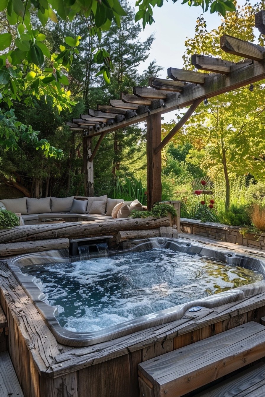 Outdoor wooden hot tub on a deck surrounded by lush greenery and outdoor seating under a pergola.