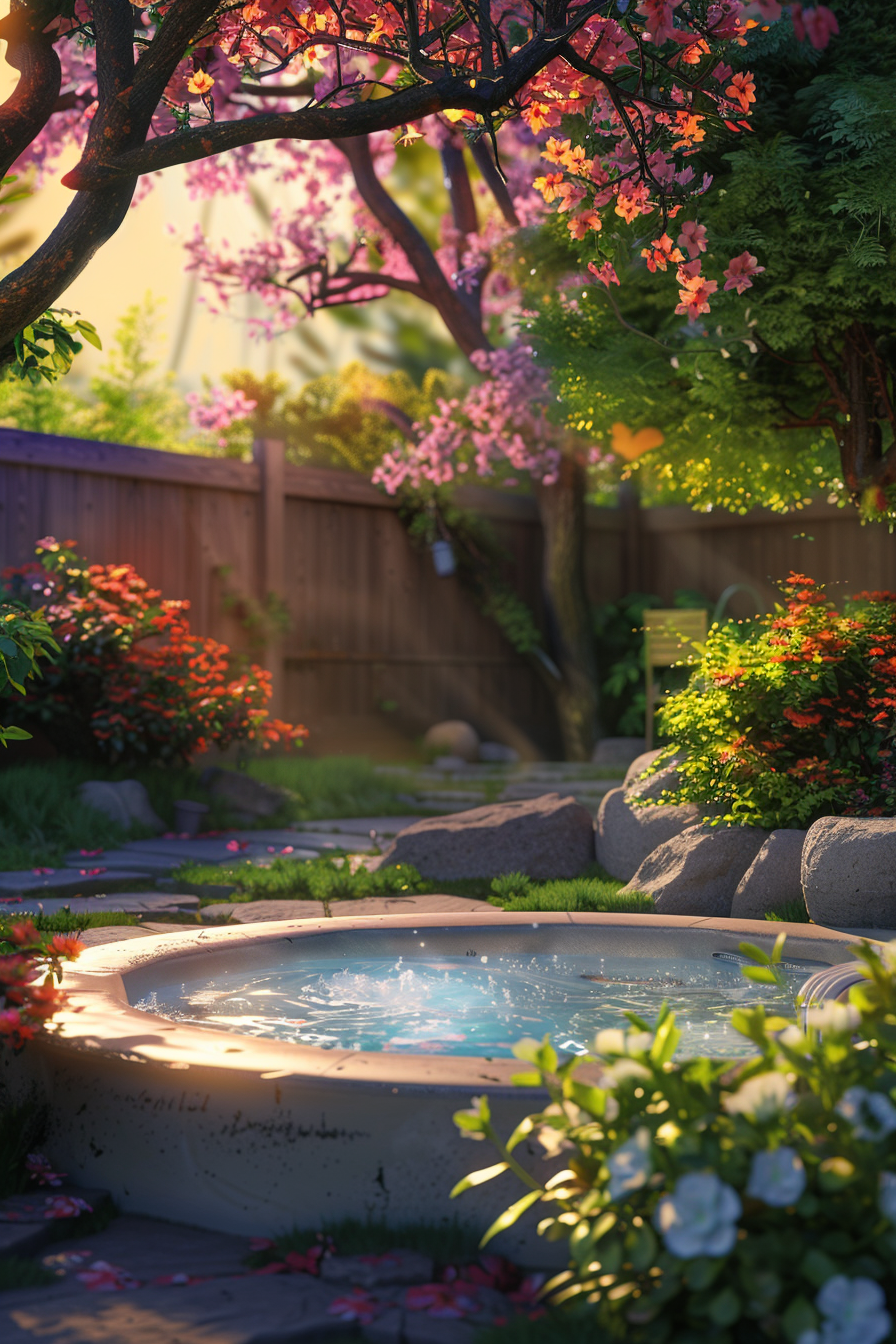 A serene garden with a small, round pool surrounded by flowering trees, lush shrubs, and stepping stones, bathed in warm sunlight.