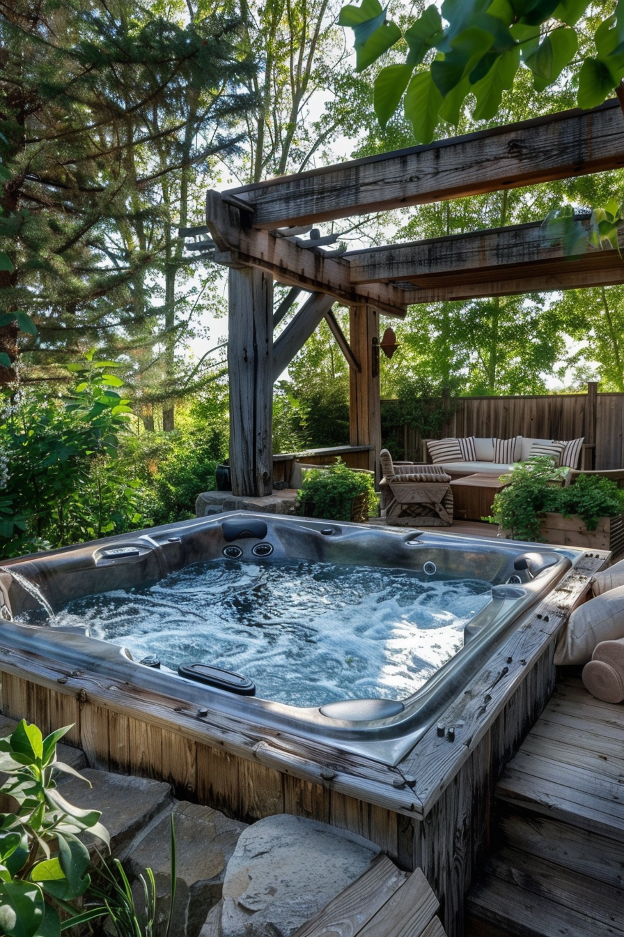 Outdoor hot tub on wooden deck with pergola and adjoining cozy seating area, surrounded by lush greenery and trees.