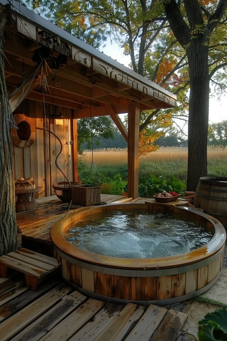 Wooden hot tub on a porch surrounded by trees with sunlight filtering through, evoking a serene, rustic ambiance.