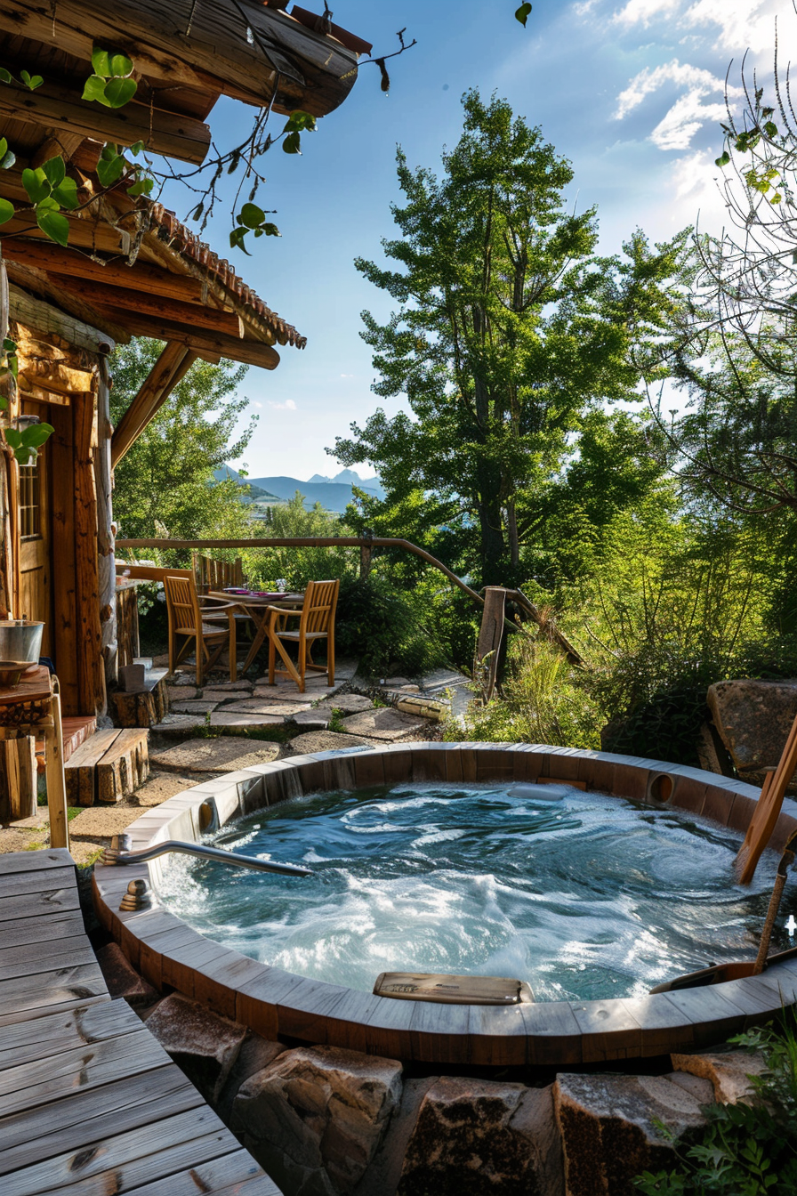 Wooden hot tub on a rustic patio with mountain views, surrounded by trees and wooden furniture.