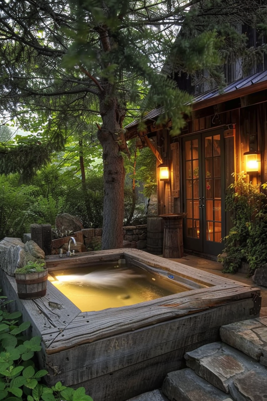 A rustic wooden hot tub by a cabin with warm glowing lights, nestled among forest trees at twilight.