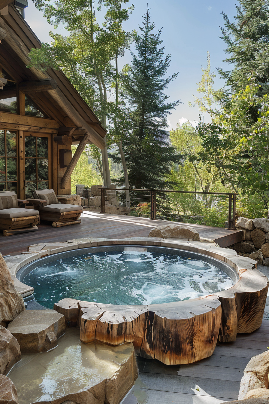 ALT text: Luxurious outdoor wooden hot tub with bubbling water on a deck, surrounded by a forest of green trees against a clear sky.