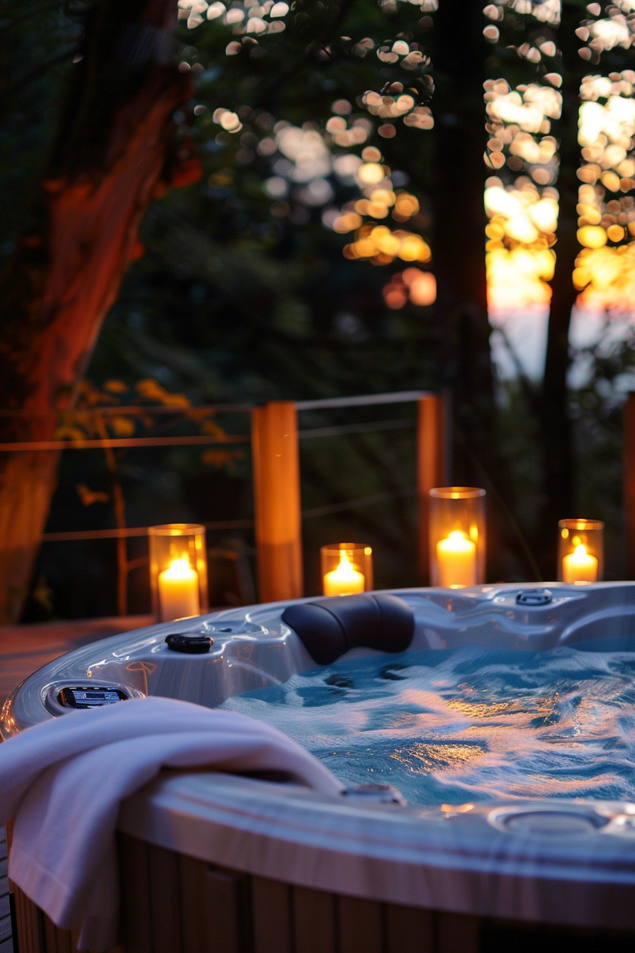 Outdoor hot tub with bubbling water and surrounding lit candles at dusk, with trees and sunset in the background.
