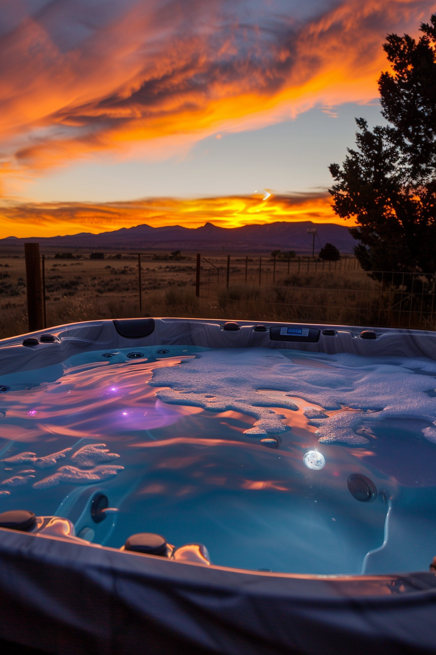 A hot tub with illuminated water set against a backdrop of a vibrant sunset and distant mountains.