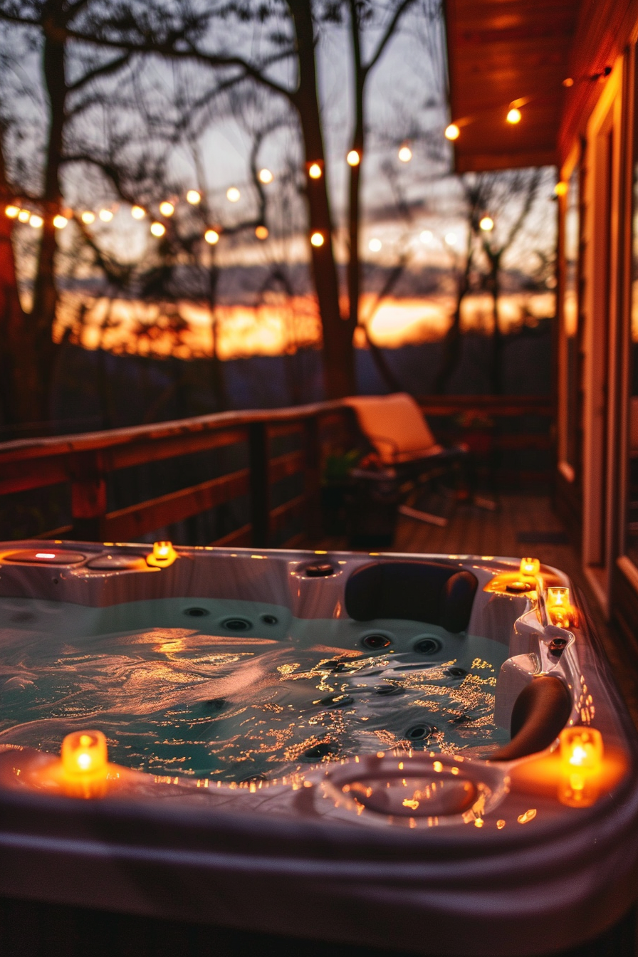 An outdoor hot tub on a wooden deck with lit candles, at dusk with string lights and a sunset in the background.
