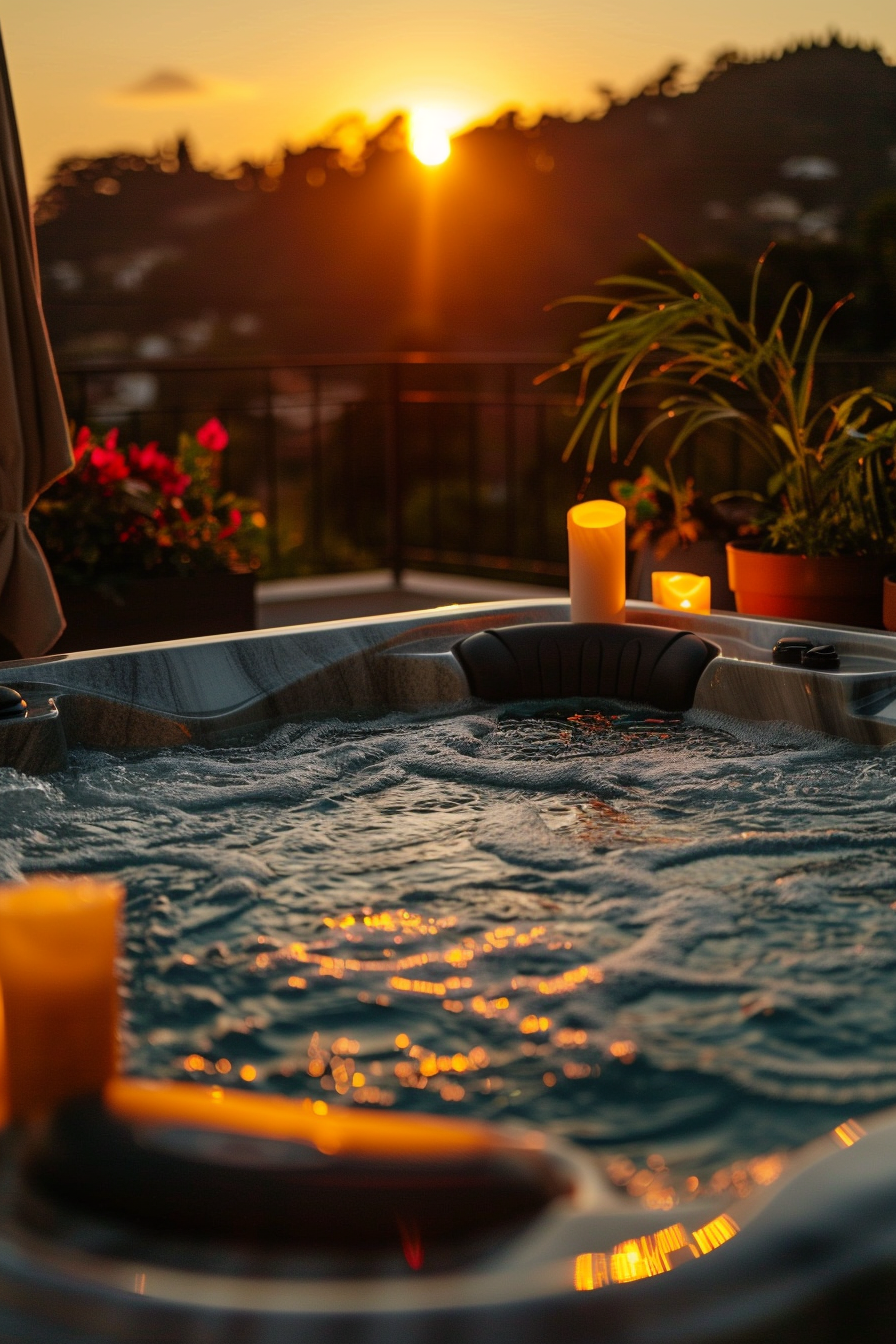 Sunset view over a tranquil hot tub with flickering candlelight and plants on the balcony.
