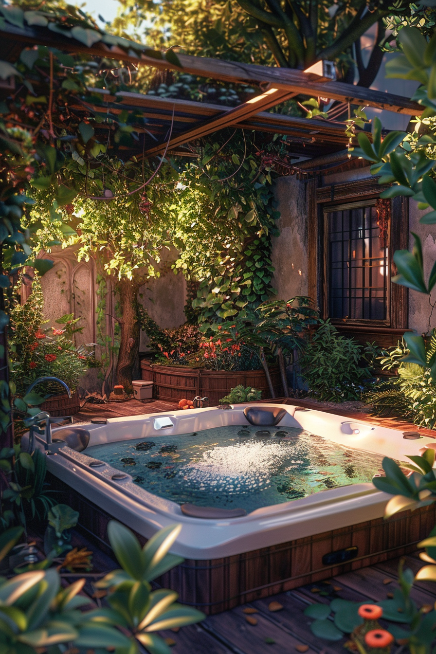 "Cozy outdoor jacuzzi surrounded by lush greenery, flowers, and a string of lights, creating a serene and inviting garden oasis."