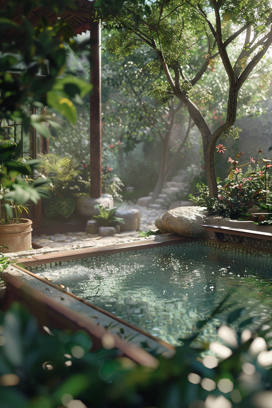 A tranquil garden scene with a sparkling pool, surrounded by lush greenery, flowers, and a stone pathway, bathed in soft sunlight.