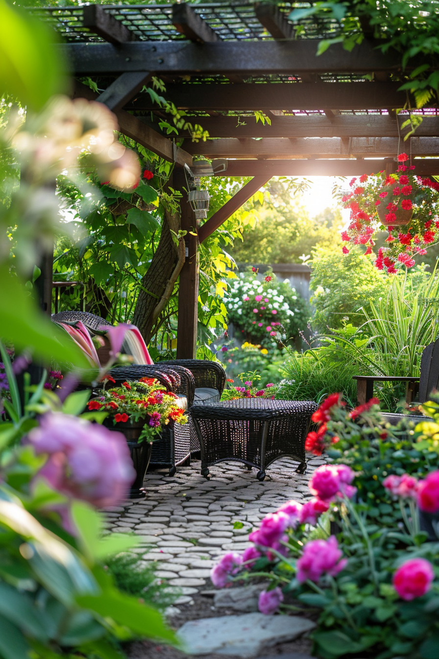 A cozy garden patio with wicker furniture surrounded by lush flowers and hanging plants in a serene setting.