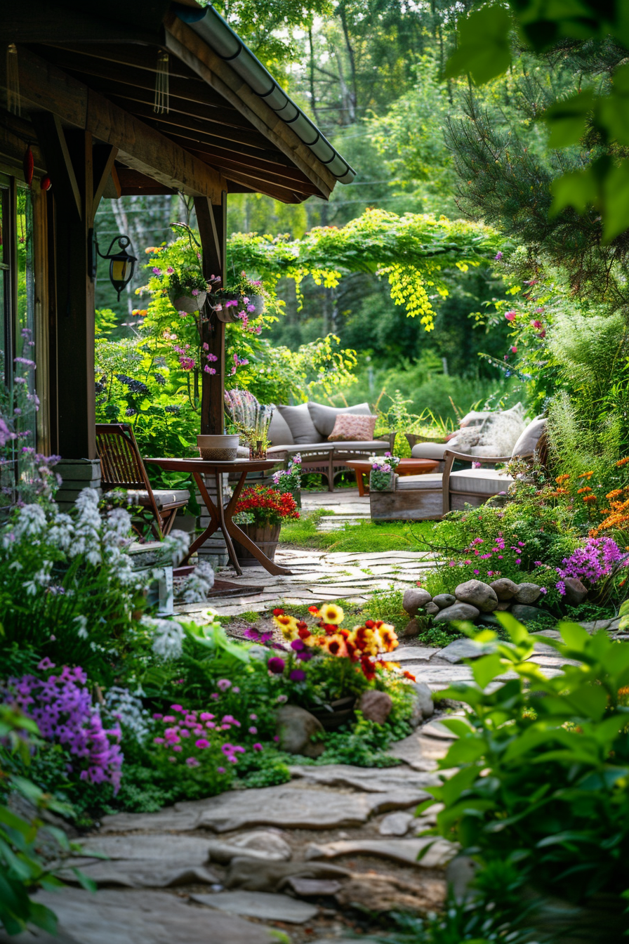 A cozy outdoor patio surrounded by lush gardens and colorful flowers with comfortable seating and a stone pathway.