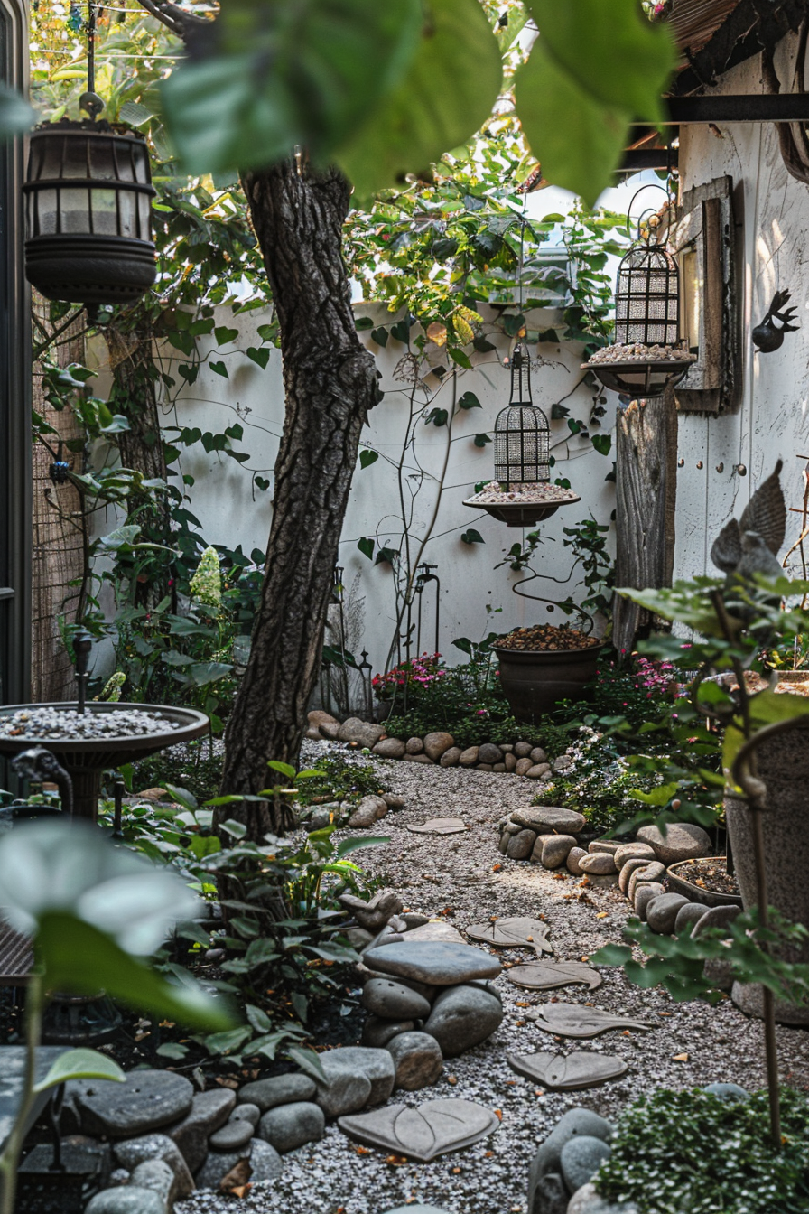 A serene garden pathway lined with smooth stones, surrounded by lush plants, birdcages, and hanging lanterns.