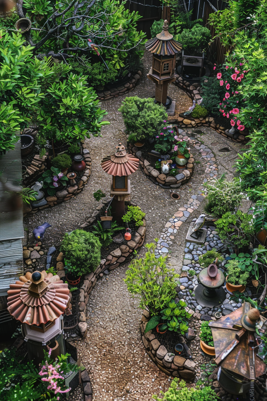 ALT: An intricately designed small garden with a winding pebble path, traditional lanterns, assorted potted plants, and lush greenery.
