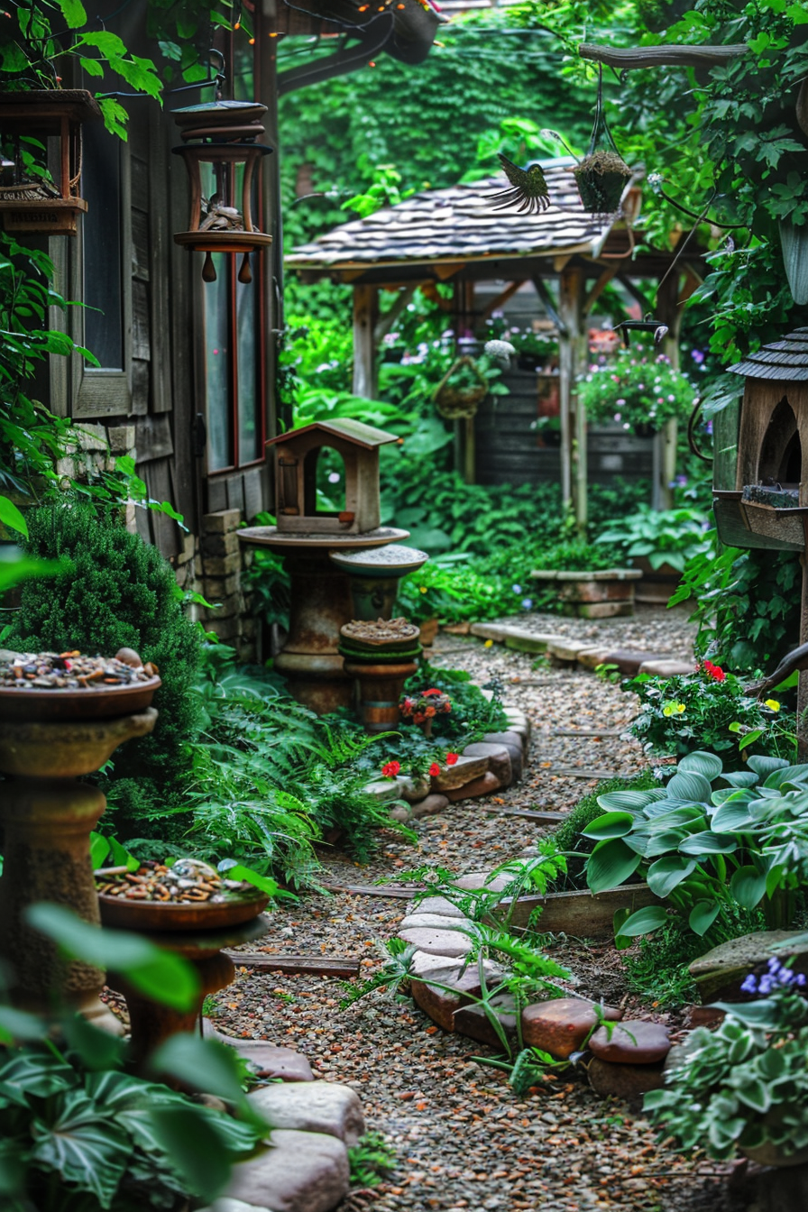 A verdant garden pathway lined with lush plants, birdhouses, and a pebble ground, with a bird in mid-flight.