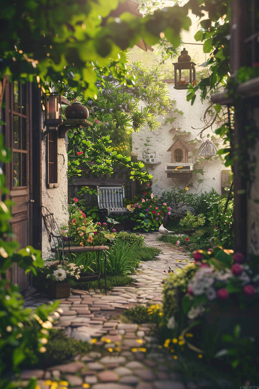 Charming garden pathway lined with lush greenery, colorful flowers, and vintage lanterns, leading to a bench with a peaceful ambiance.