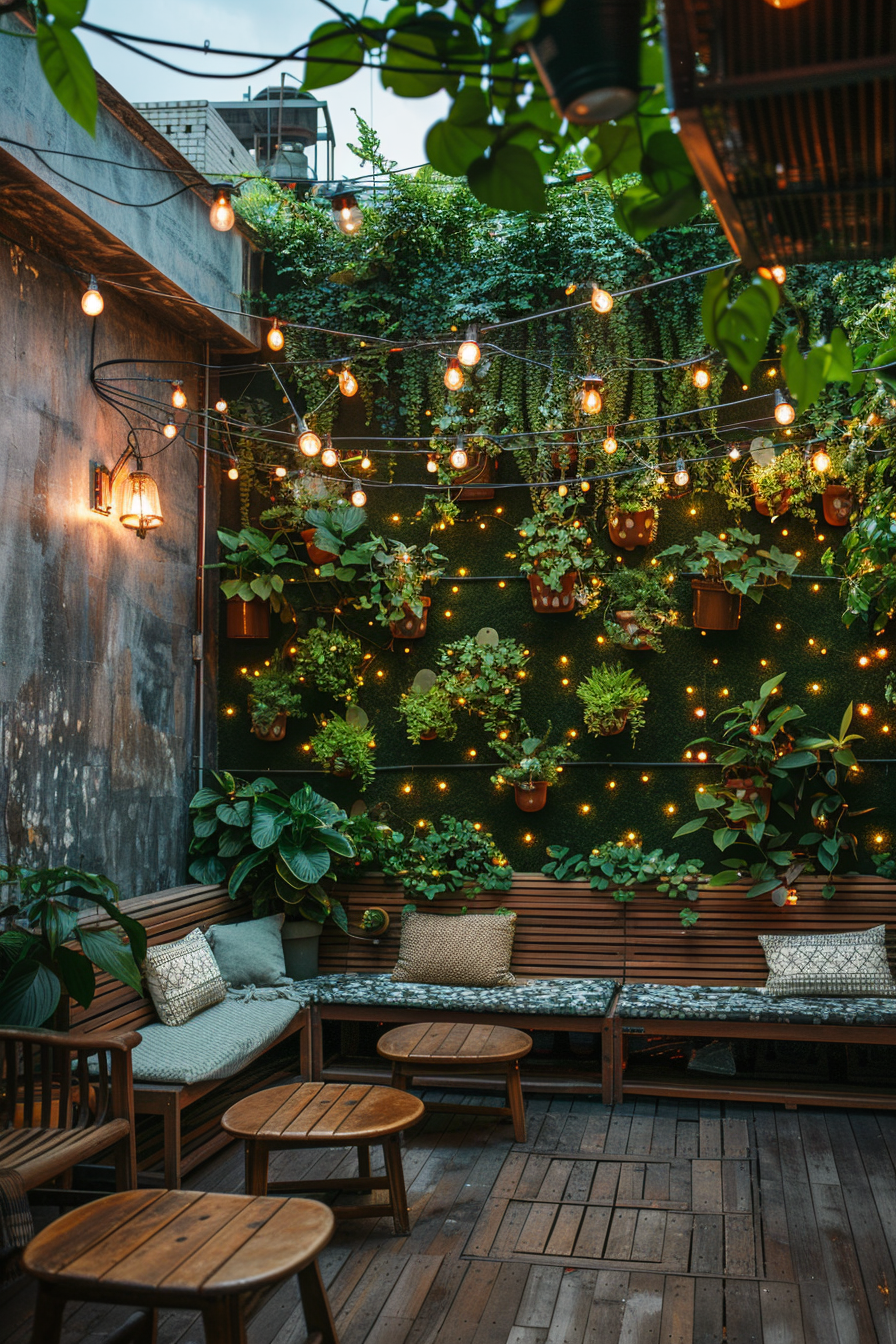 Cozy outdoor patio with wooden benches, string lights, and a vertical garden with potted plants on the wall.
