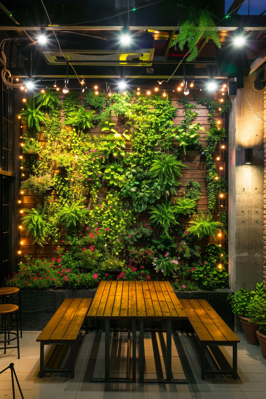 An outdoor dining space with a lush green vertical garden wall, string lights above, and a wooden table with benches.