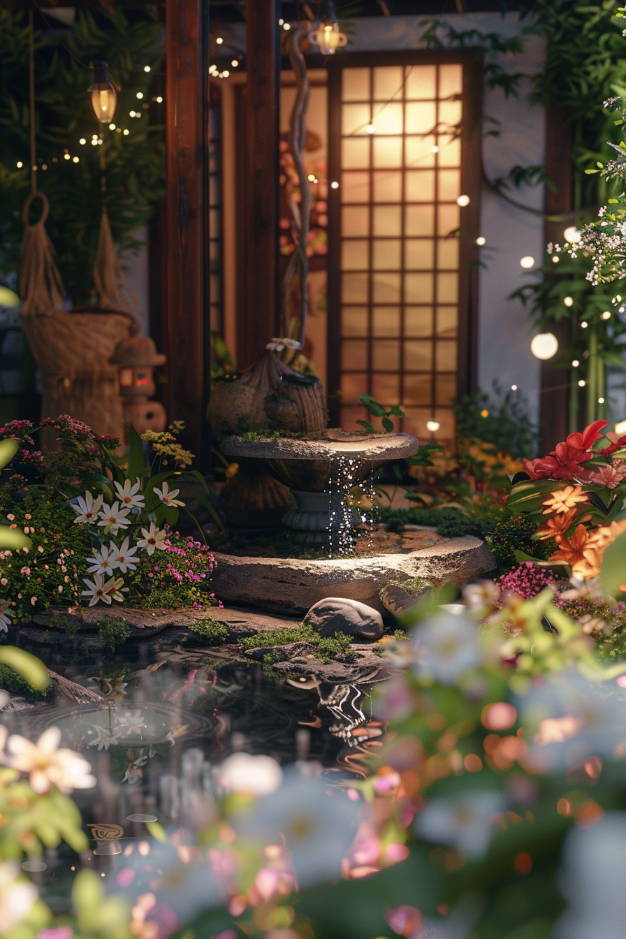 Serene garden scene at dusk with a stone water fountain, reflective pond, lush flowers, and string lights near a traditional lantern door.