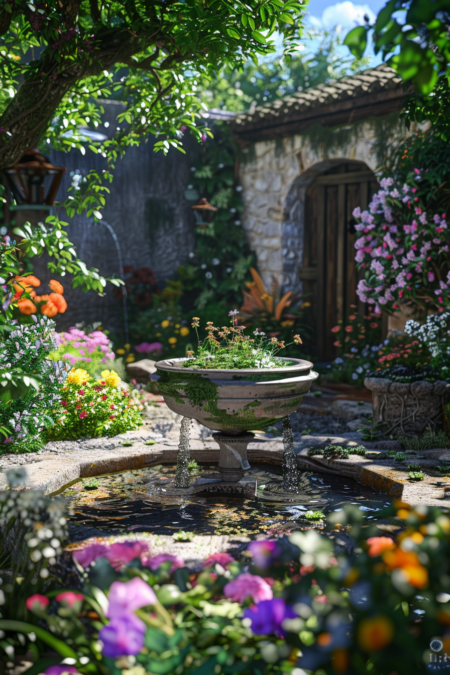 A tranquil garden with an overflowing stone planter and vibrant flowers, illuminated by dappled sunlight.