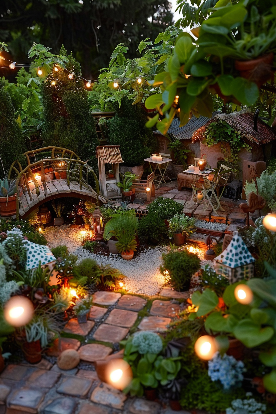 Enchanting miniature garden at dusk with a bridge, fairy house, plants, and twinkling string lights creating a magical atmosphere.