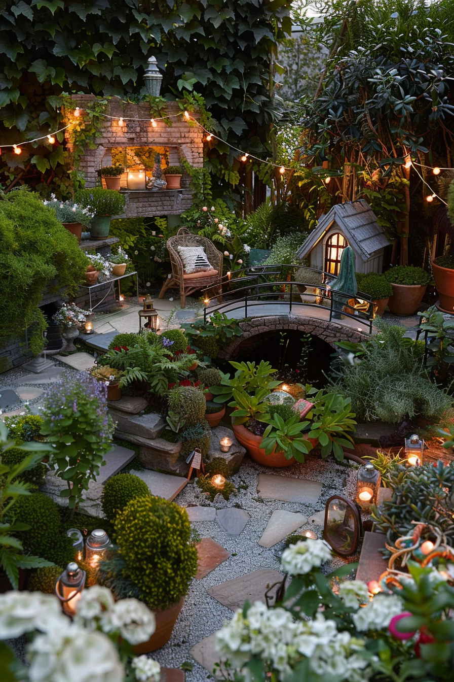 Enchanted fairy-tale garden at dusk with twinkling string lights, lush plants, and whimsical miniature houses.