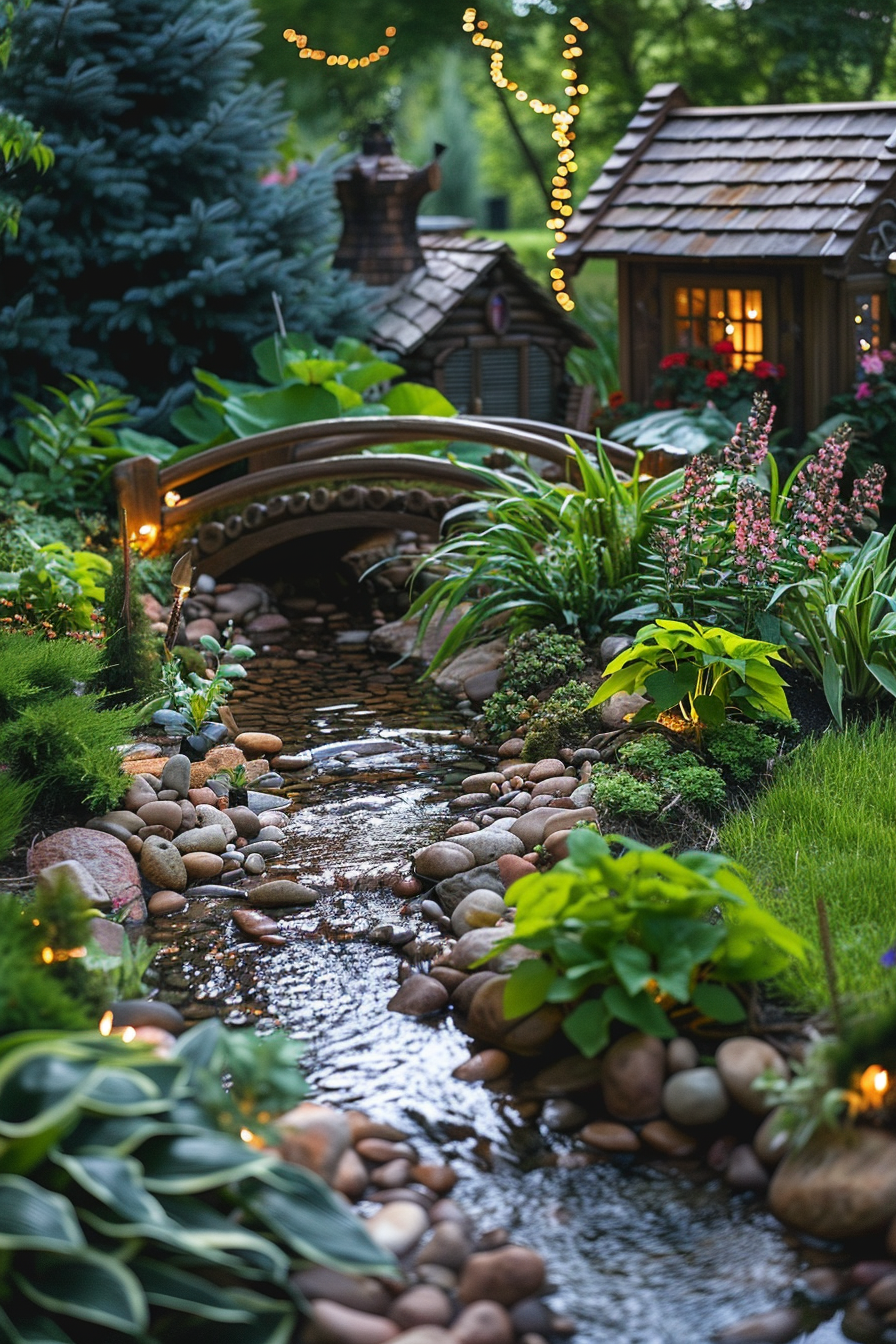 Enchanting twilight scene of a lush pathway lined with colorful hanging lanterns and flowering plants.