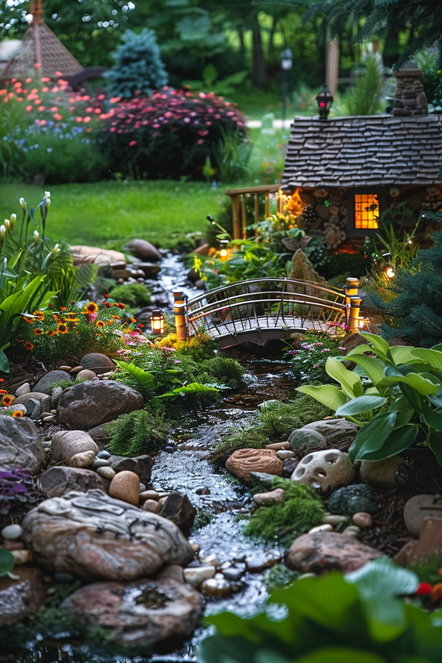 "Enchanting garden scene at twilight with a small stream, illuminated miniature fairy house, arched bridge, and lush greenery."