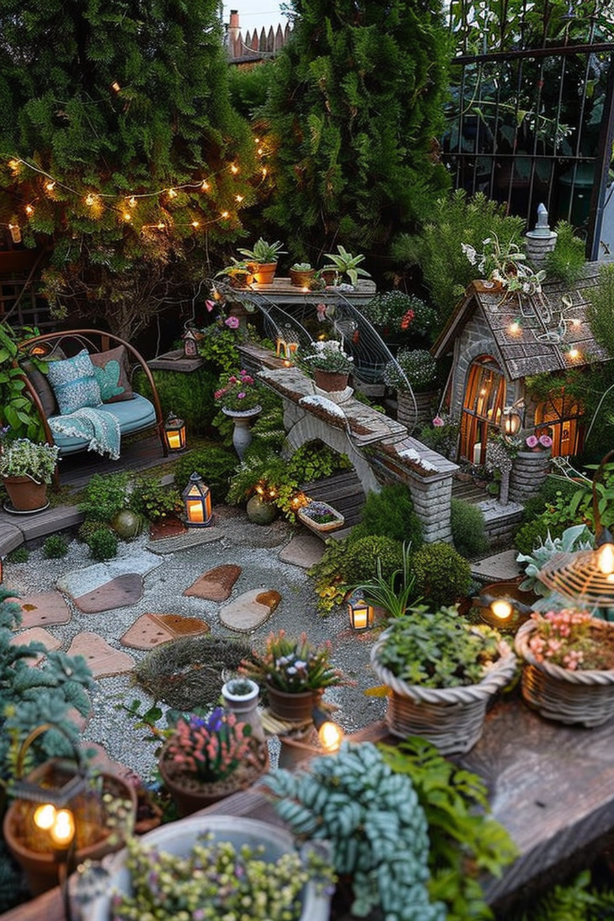 Enchanting fairy garden at dusk with twinkling string lights, miniature cottage, stone bridges, succulents, and cozy seating area.