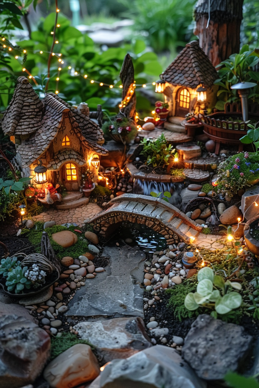 Enchanting miniature fairy garden at twilight with illuminated cottages, a stone bridge, pebble pathway, and twinkling lights.