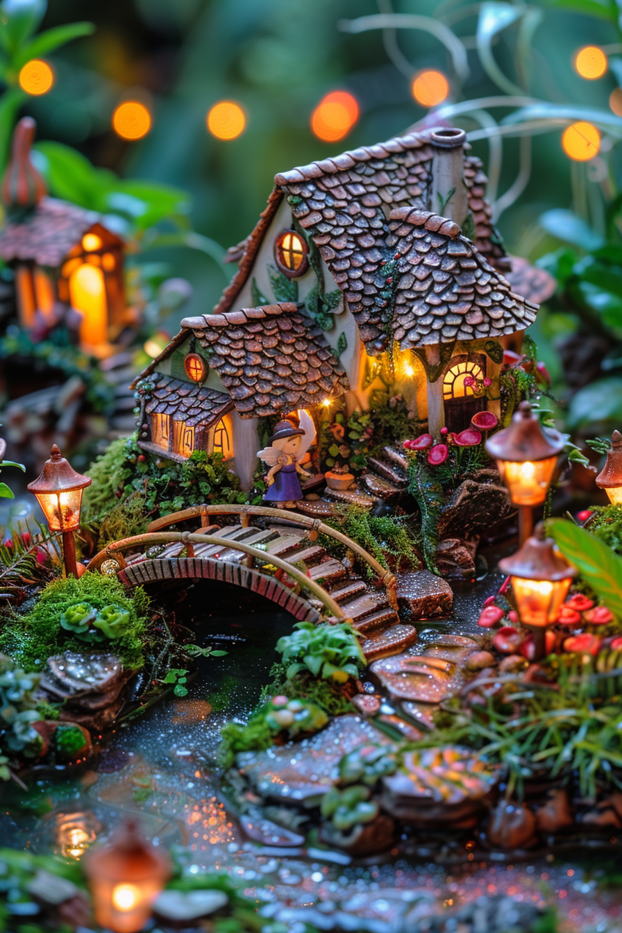 Intricate fairy garden with illuminated miniature houses, a bridge, and a figurine, surrounded by lush plants and bokeh lights.