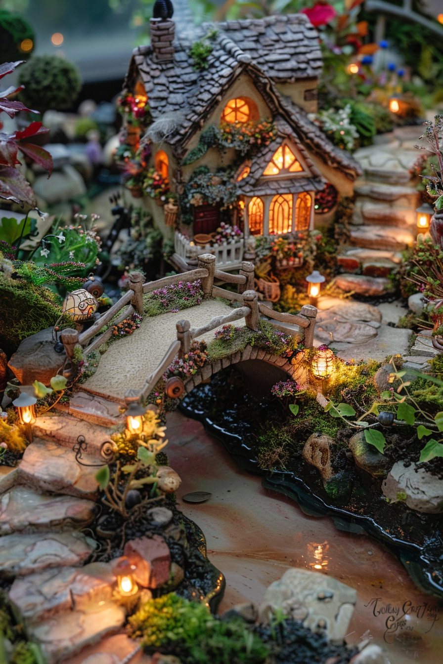 Alt text: A detailed miniature fairy garden with a quaint house, glowing windows, a bridge over a stream, and surrounding flora.