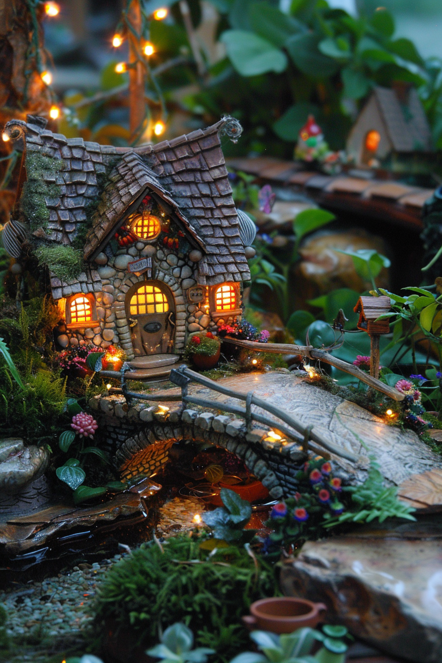 Miniature fairy house with illuminated windows, surrounded by plants, a bridge, and a tiny birdhouse, evoking a magical atmosphere.