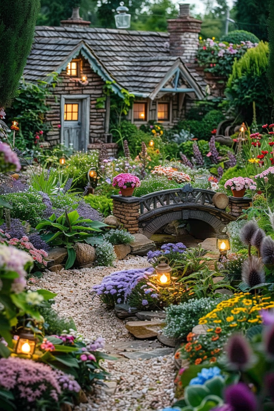 "Enchanting miniature fairy garden with a rustic house, stone bridge, lanterns, and a vibrant array of flowers and plants at dusk."