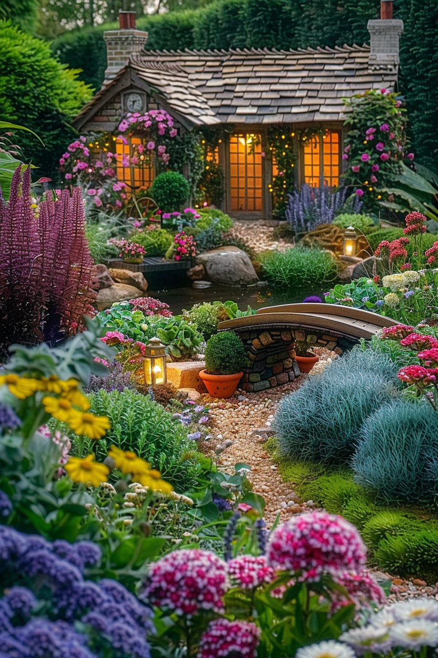 Alt text: Enchanting garden scene at twilight with a quaint cottage, glowing windows, a stone bridge, and diverse, colorful flowers.