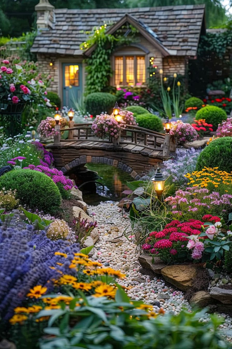 Charming fairy-tale cottage with a stone bridge over a stream, surrounded by an enchanting garden full of colorful flowers and warm lights.