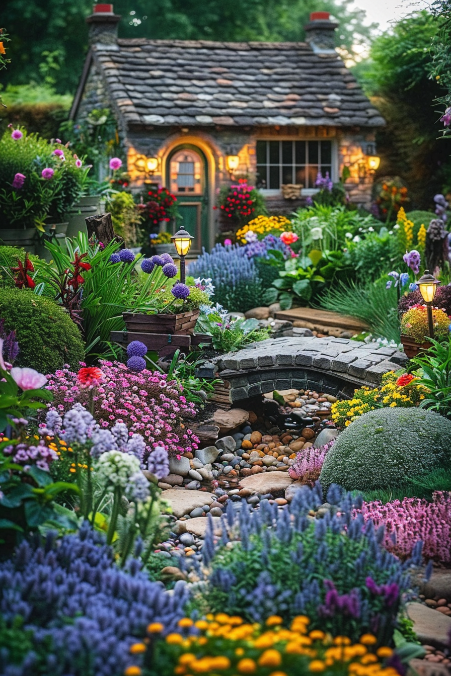 "Charming fairy-tale cottage with a vibrant garden in full bloom, featuring a small bridge over a pebble-lined stream at dusk."