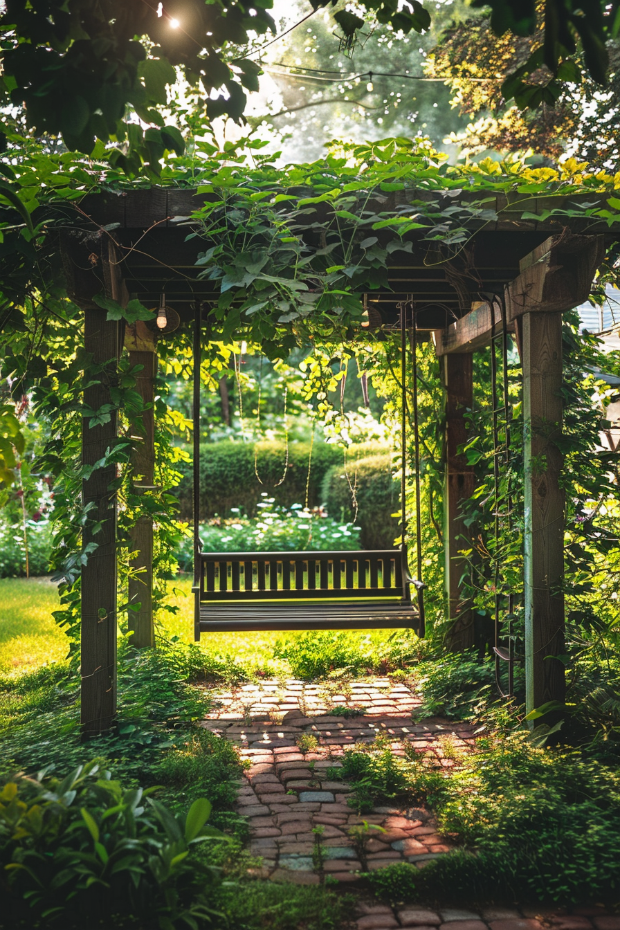 A leafy pergola over a wooden bench on a cobblestone path, surrounded by lush greenery in a tranquil garden setting.