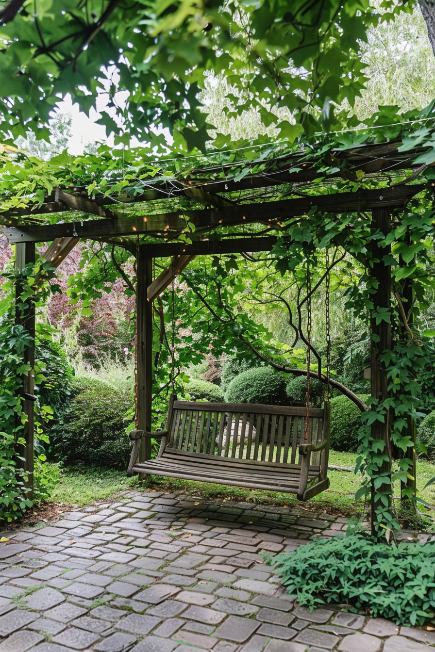 A tranquil garden patio with wooden chairs and a table under a vine-covered pergola, surrounded by lush greenery and flowers.