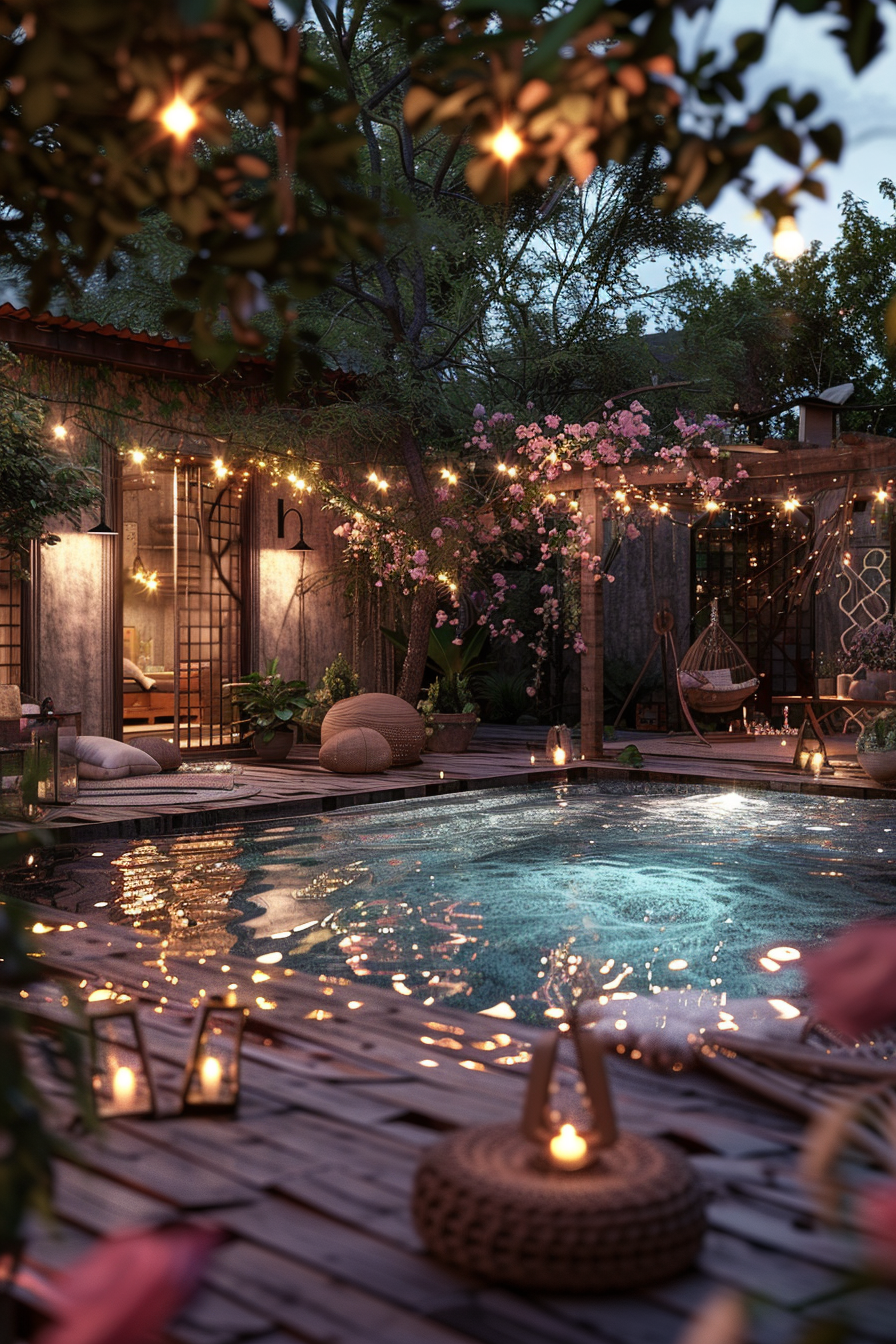 Cozy evening backyard setting with a pool, surrounded by string lights, candles, plants, and a swinging chair.