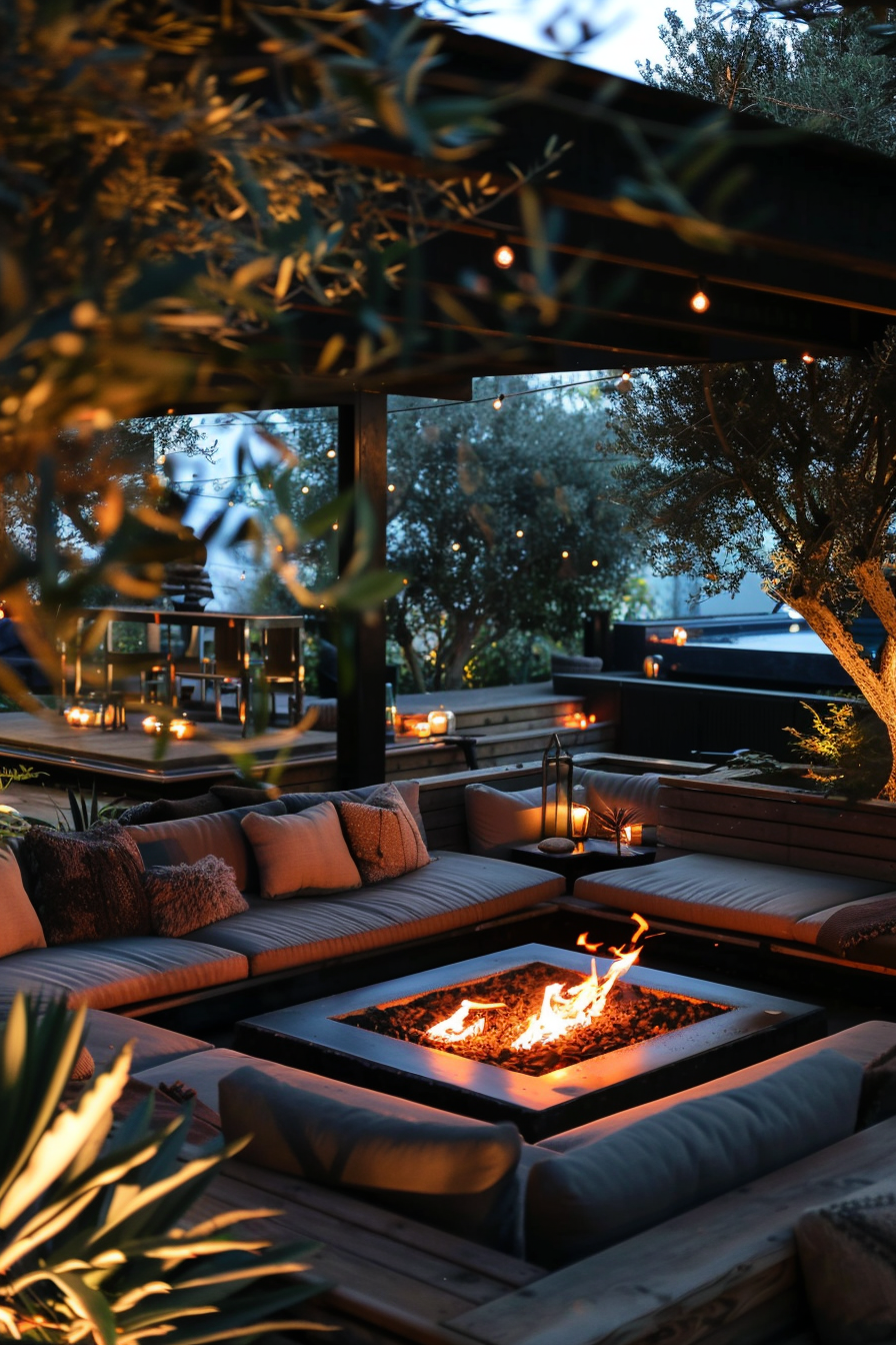 Outdoor seating area with plush sofas, pillows, and a central fire pit, illuminated by subtle lighting at dusk.