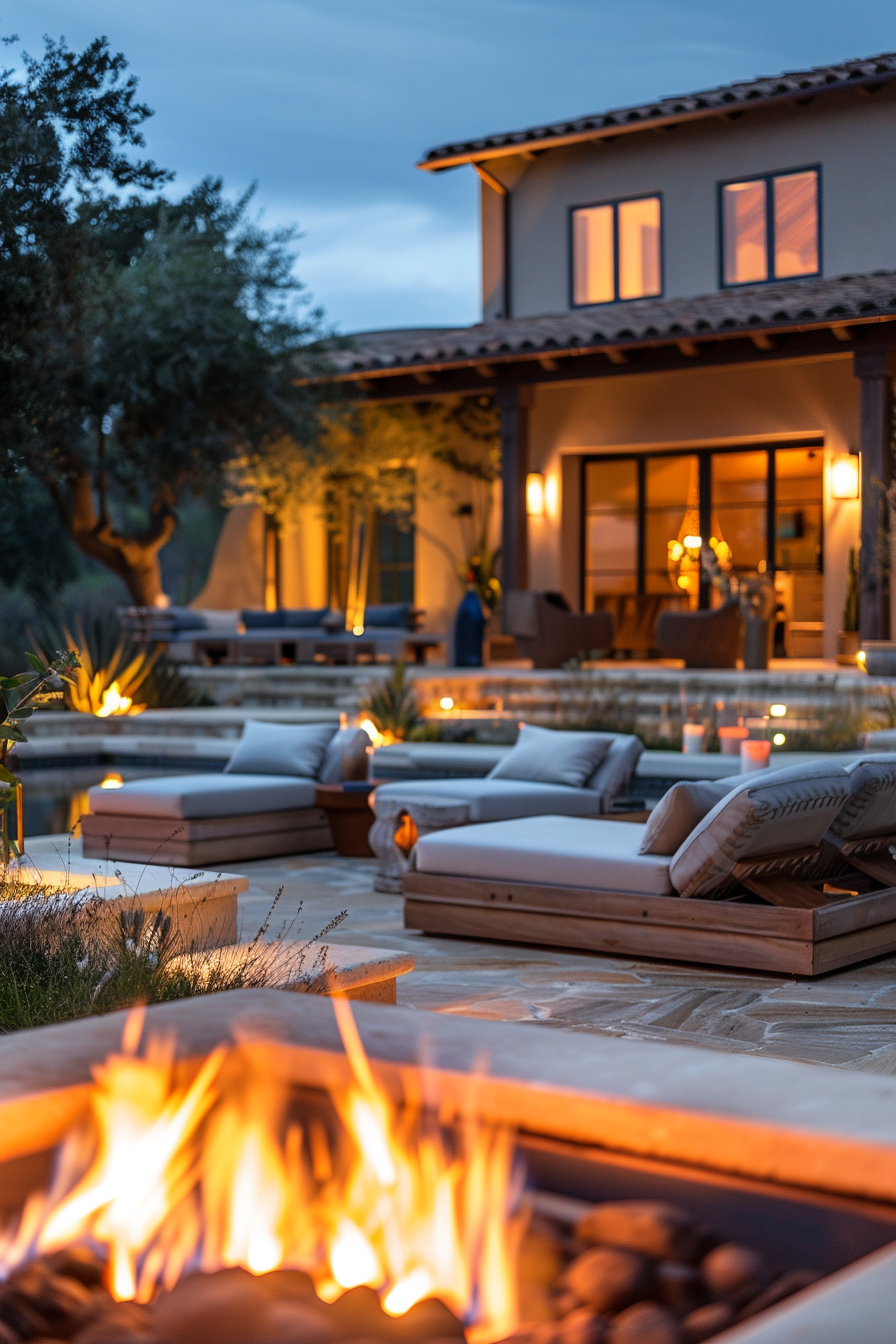 Cozy outdoor living space with fire pit in focus, plush seating, and warmly lit house in the background at dusk.