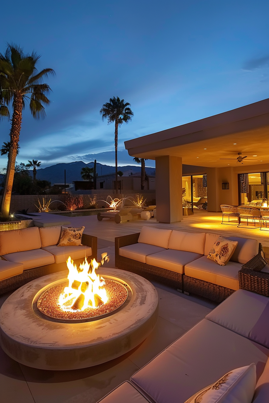 Outdoor patio with fire pit ablaze, surrounded by seating, palms, and a mountain view at dusk.