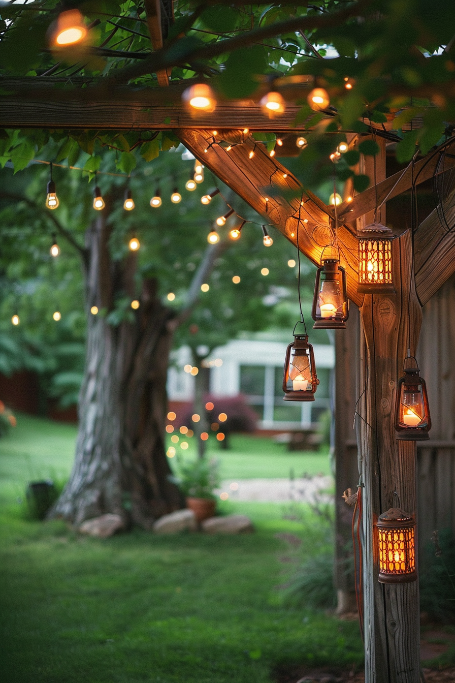 String lights and lanterns hanging from a pergola and wooden post in a cozy backyard at dusk.