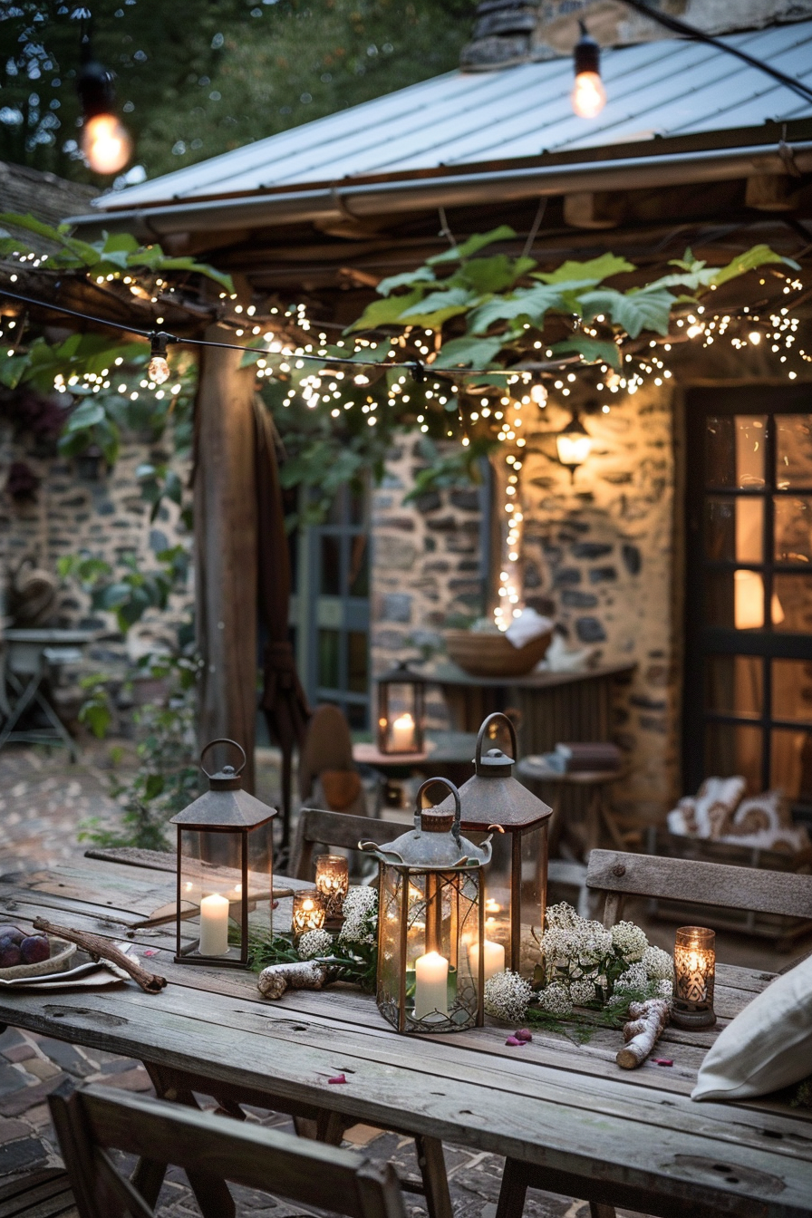Rustic outdoor setting with a wooden table adorned with lit candles in lanterns, flowers, and string lights, with a stone building in the background.