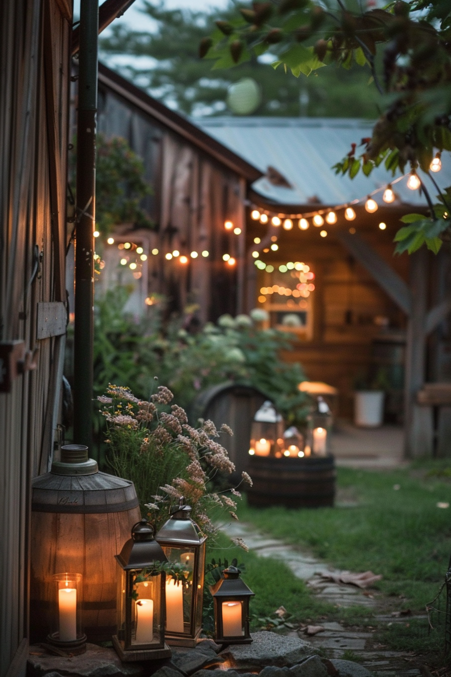 Rustic outdoor setting with lit lanterns along a path, string lights above, and a cozy cabin in the background at dusk.