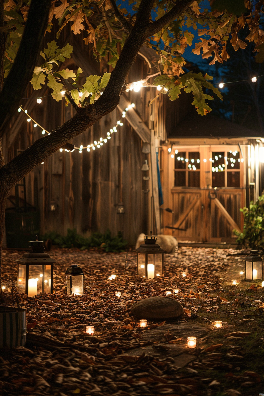 Twinkling string lights and glowing lanterns illuminate a cozy backyard with a leaf-strewn path, leading to a charming wooden shed.