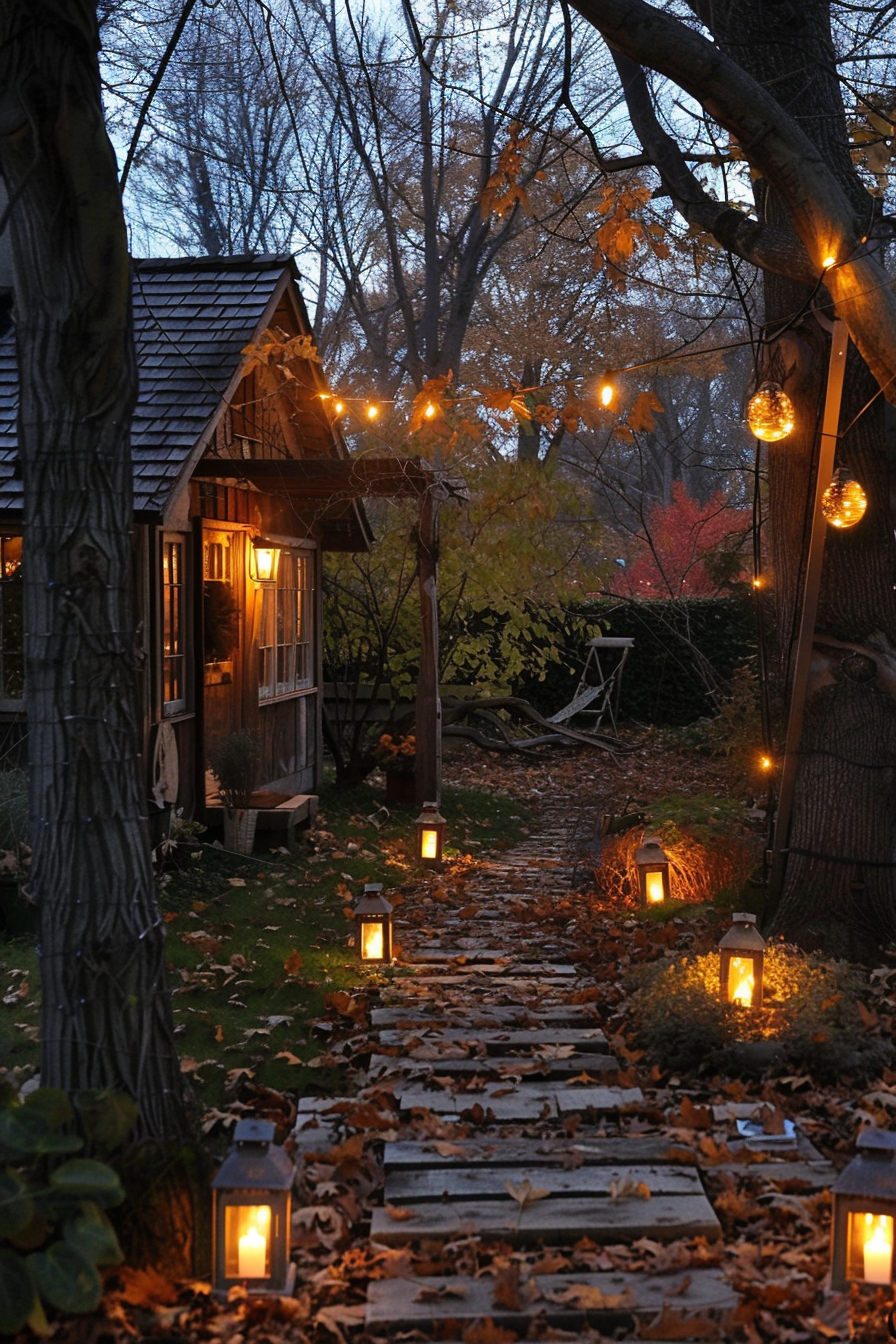 A cozy garden path lined with glowing lanterns leading to a quaint cottage amidst autumn leaves at twilight.
